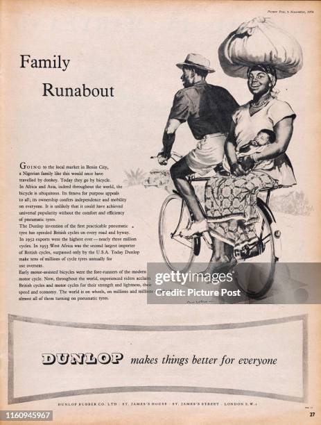 Advertisement for Dunlop bicycle tyres with an illustration by Clive Upton of a family cycling to a local market in Benin City, Nigeria. Original...