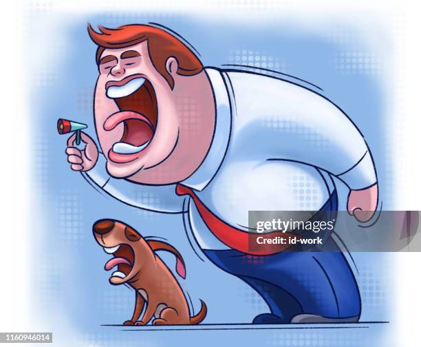 mann schreit mit hund - bellen stock-grafiken, -clipart, -cartoons und -symbole