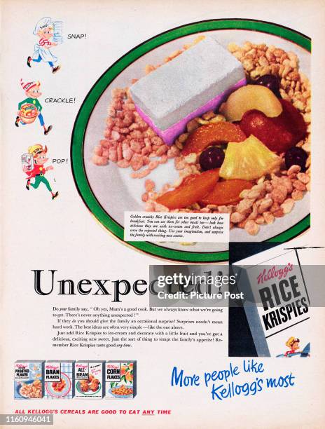 Advertisement for Kellogg's Rice Krispies breakfast cereal showing a serving suggestion of Rice Krispies with ice cream and fruit. Original...
