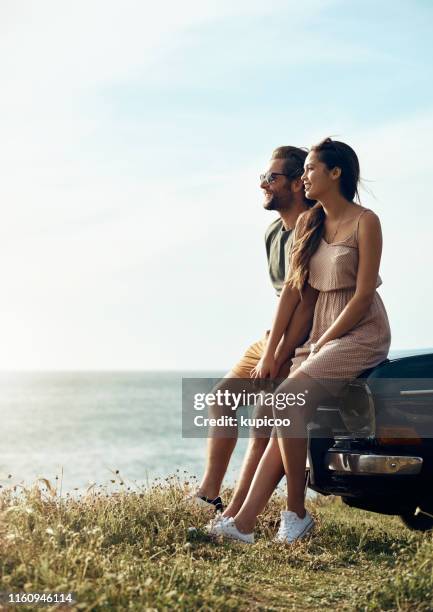 picture perfect - couple on the beach with car stockfoto's en -beelden