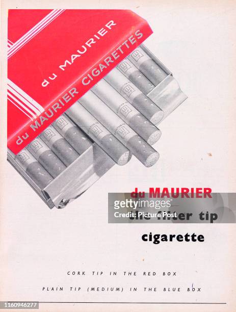 Advertisement for du Maurier Cigarettes showing an opened box of cigarettes and the caption 'du Maurier - the filter tip cigarette'. Original...