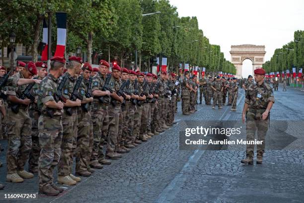 French military gets ready to march down the Champs Elysee during the Bastille Day military ceremony rehearsals on July 9, 2019 in Paris, France. The...