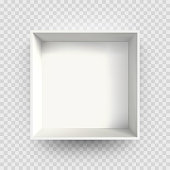 White box mock up 3D model 3D top view shadow. Vector isolated blank cardboard open white paper box package template on transparent background
