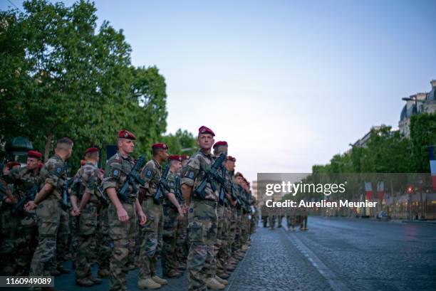 French military gets ready to march down the Champs Elysee during the Bastille Day military ceremony rehearsals on July 9, 2019 in Paris, France. The...