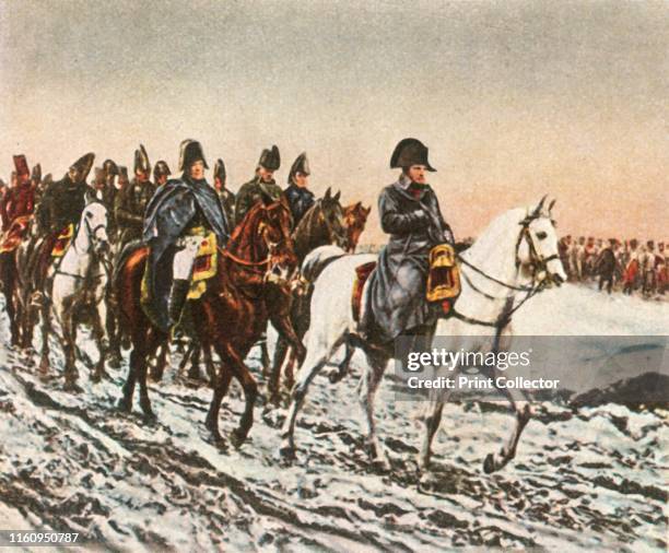 Napoleon's retreat to the Berezina . 'Napoleons Rückzug An Der Beresina, 1812'. French emperor Napoleon Bonaparte riding a white horse at the head of...
