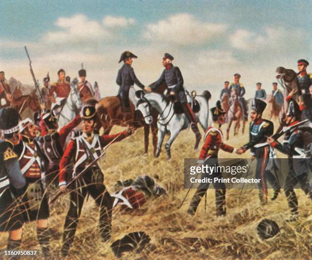 Meeting of Wellington and Blücher at Waterloo, , 18 June 1815, . 'Begungung Wellingtons Mit Blücher Bei Waterloo 18 Juni 1815'. The Battle of...