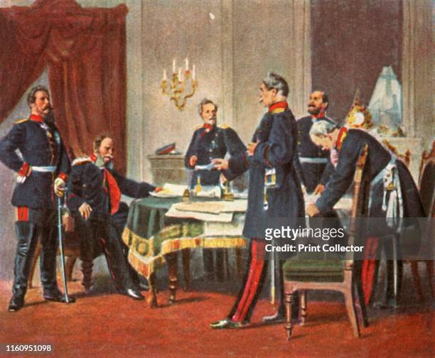 Council of war at Versailles . 'Kriegsrat in Versailles, 1870'. Prussian politicians and army officers Otto von Bismarck, Albrecht, Graf von Roon,...