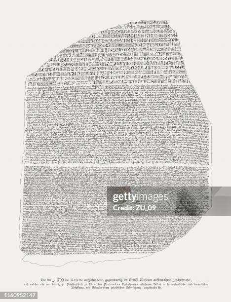 rosetta stone, key to decipher the hieroglyphs, woodcut, published 1879 - rosetta stone greek stock illustrations