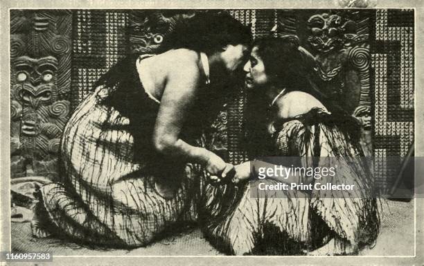 The "Hongi", A Maori Greeting', circa 1948. From "Newnes' Pictorial Knowledge Volume 3". [George Newnes Limited, London]. Artist Unknown.