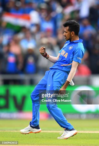 Yuzvendra Chahal of India celebrates after dismissing Kane Williamson, Captain of New Zealand during the Semi-Final match of the ICC Cricket World...