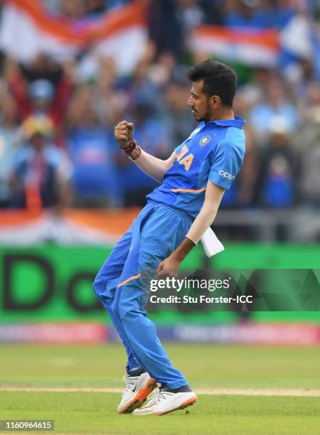 Yuzvendra Chahal of India celebrates the wicket of Kane Williamson of New Zealand during the Semi-Final match of the ICC Cricket World Cup 2019...