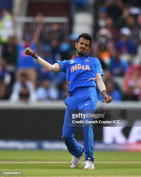 Yuzvendra Chahal of India celebrates the wicket of Kane Williamson of New Zealand during the Semi-Final match of the ICC Cricket World Cup 2019...