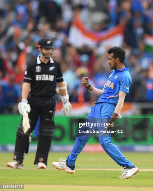 Yuzvendra Chahal of India celebrates the wicket of Kane Williamson of New Zealand during the Semi-Final match of the ICC Cricket World Cup 2019...