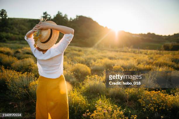 woman enjoying in aromatic herb field - strawflower stock pictures, royalty-free photos & images
