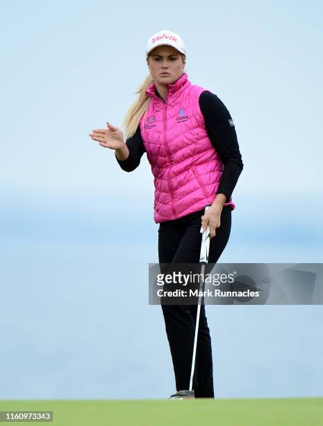 Carly Booth of Scotland putting at the 5th hole during the final day of the Aberdeen Standard Investment Scottish Open at The Renaissance Club on...