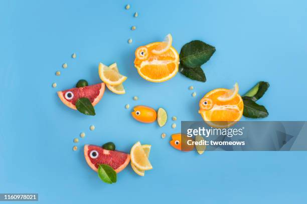 citrus fruit and fish conceptual still life. - fish oil stock photos et images de collection