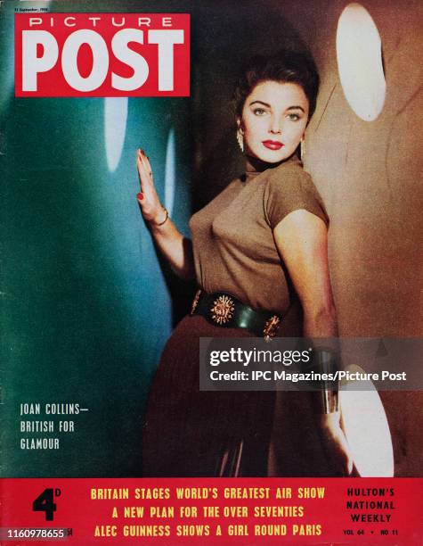 English actress Joan Collins is featured for the cover of Picture Post magazine. Original Publication: Picture Post Cover - Vol 64 No 11 - pub. 1954.