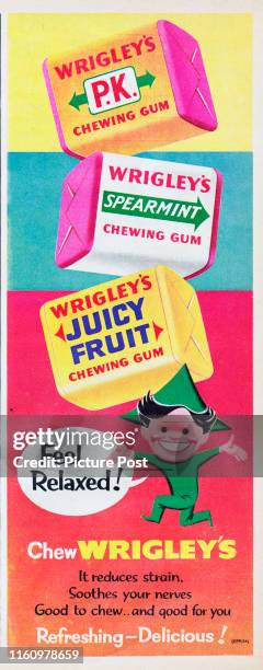 Advertisement for Wrigley's PK, Spearmint, and Juicy Fruit chewing gum with the caption 'Feel Relaxed!'. Original Publication: Picture Post Ad - Vol...