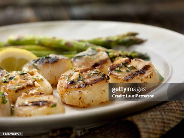 vieiras a la parrilla con espárragos a la parrilla y una salsa de mantequilla de ajo y hierbas - cocido a la parrilla fotografías e imágenes de stock