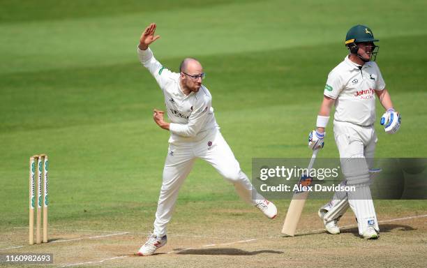 Jack Leach of Somerset bowls during Day Three of the Specsavers County Championship Division One match between Somerset and Nottinghamshire at The...