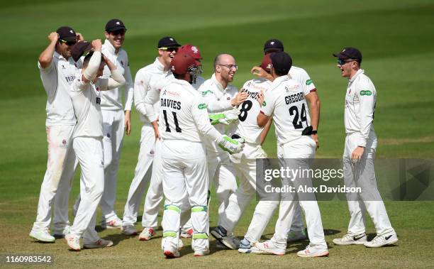 Somerset celebrate the wicket of Ben Slater of Nottinghamshire during Day Three of the Specsavers County Championship Division One match between...