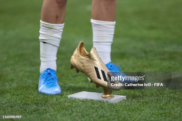 The Golden boot trophy which was given to Megan Rapinoe of the USA during the 2019 FIFA Women's World Cup France Final match between The United State...