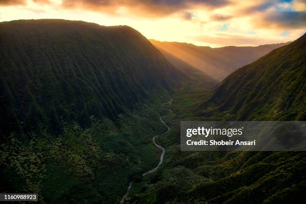 sunrise above maui rain forests, hawaii - ponto de vista de avião - fotografias e filmes do acervo