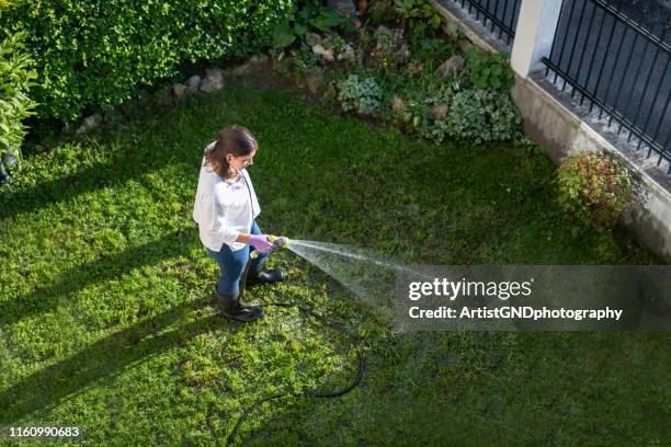 happy woman watering garden with water hose. - garden aerial view stock pictures, royalty-free photos & images