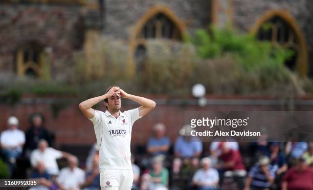 Jamie Overton of Somerset looks on dejected during Day Three of the Specsavers County Championship Division One match between Somerset and...