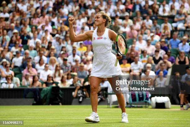 Barbora Strycova of Czech Republic celebrates in her Ladies' Singles Quarter Final match against Johanna Konta of Great Britain during Day Eight of...