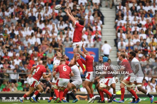Wales' lock Adam Beard takes the ball from the lineout during the international Test rugby union match between England and Wales at Twickenham...