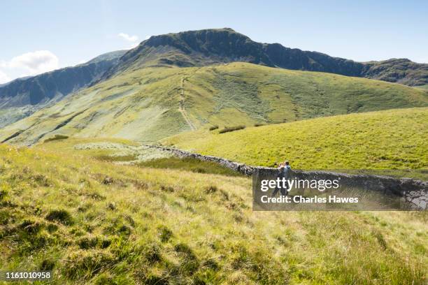two men on footpath with view to cadair idris;image taken from the cambrian way between dinas mawddwy and bwlch llyn bach, wales, uk. july - powys stock pictures, royalty-free photos & images