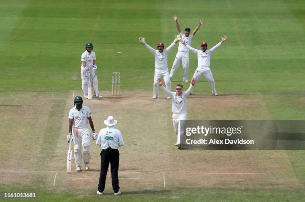 Dom Bess of Somerset appeals unsuccessfully for the wicket of Ben Duckett of Nottinghamshire during Day Three of the Specsavers County Championship...