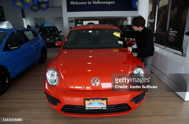 Brand new Volkswagen Beetle is displayed in the showroom at Serramonte Volkswagen on July 09, 2019 in Colma, California. Volkswagen is ending...