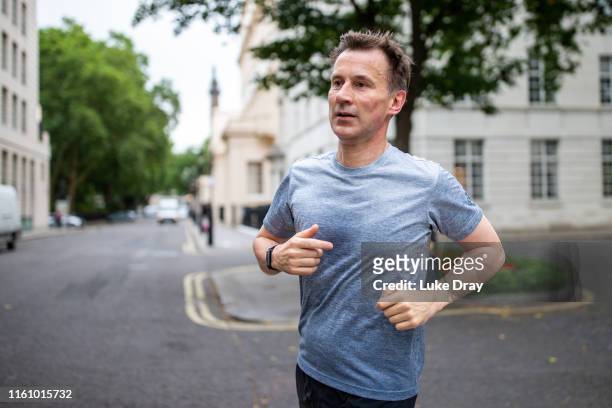 Conservative Party leadership contender, Jeremy Hunt, is seen jogging in Westminster before the weekly cabinet meeting, on July 09, 2019 in London,...