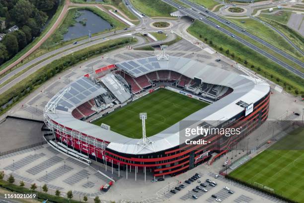 An aerial photograph taken on August 11, 2019 shows the collapsed roff of the AZ Alkmaar football club's AFAS Stadium in Alkmaar due to strong gusts...