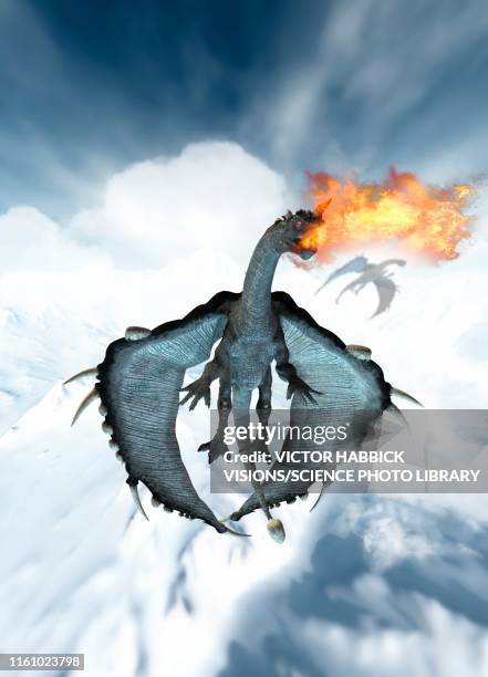dragon breathing fire, illustration - dragon stock illustrations