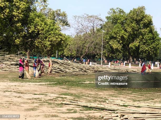 image of women sweeping leaves in park by delhi old fort with indian floor broom, instead of garden vacuum, india, manual labour using witches brooms / brushes with soft bristles - sweeping landscape stock pictures, royalty-free photos & images