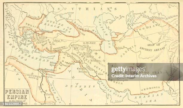 Map, entitled 'Persian Empire in the Time of Darius and Xerxes,' shows territories in Asia and the Middle East, 330s. It appeared in John Quackenbos'...