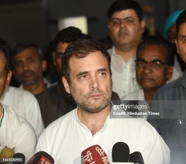 Congress leader Rahul Gandhi speaks to the media after attending the Congress Working Committee meeting, at AICC headquarter, on August 10, 2019 in...