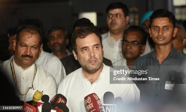 Congress leader Rahul Gandhi speaks to the media after attending the Congress Working Committee meeting, at AICC headquarter, on August 10, 2019 in...