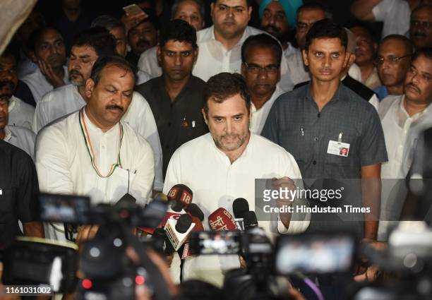 Congress leader Rahul Gandhi speaks to the media after attending the Congress Working Committee meeting, at AICC headquarter, on August 10, 2019 in...