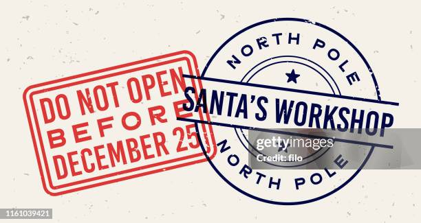 ilustraciones, imágenes clip art, dibujos animados e iconos de stock de sellos de la carta navideña de santa's workshop - north pole