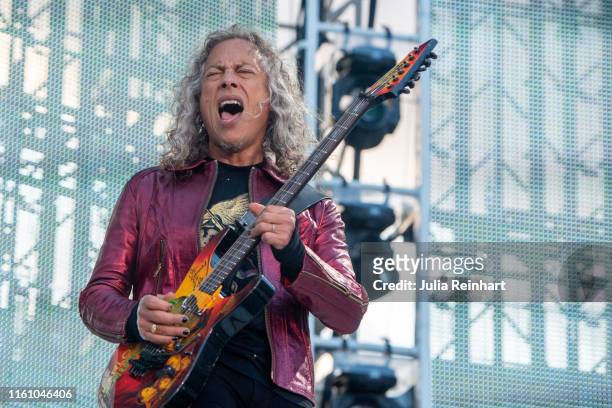 Kirk Hammett, lead guitarist of the heavy metal band Metallica, performs on July 09, 2019 at Ullevi Stadium in Gothenburg, Sweden.