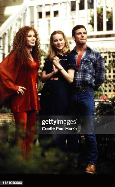 Chloe Webb who played Mona Ramsey, Laura Linney who played Mary Anne Singleton and Paul Gross who played Brian Hawkins on set in Tales of the City, a...