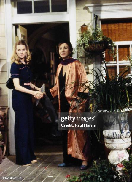 Laura Linney who played Mary Ann Singleton and Olympia Dukakis who played Anna Madrigal on set in Tales of the City, a series of nine novels written...