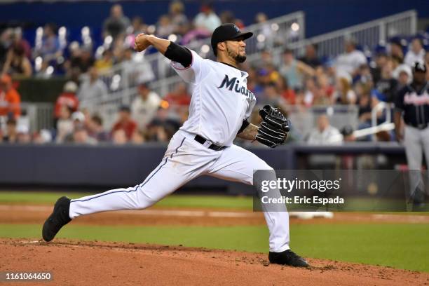 Hector Noesi of the Miami Marlins throws a pitch during the game against the Atlanta Braves at Marlins Park on August 11, 2019 in Miami, Florida.