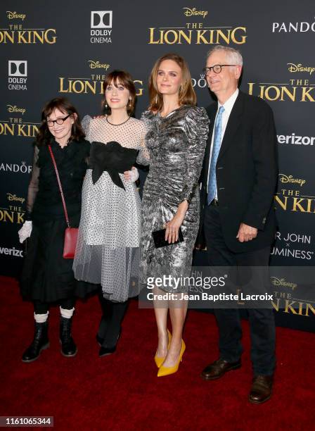 Mary Jo Deschanel, Zooey Deschanel, Emily Deschanel, and Caleb Deschanel attend the premiere of Disney's "The Lion King" at Dolby Theatre on July 09,...