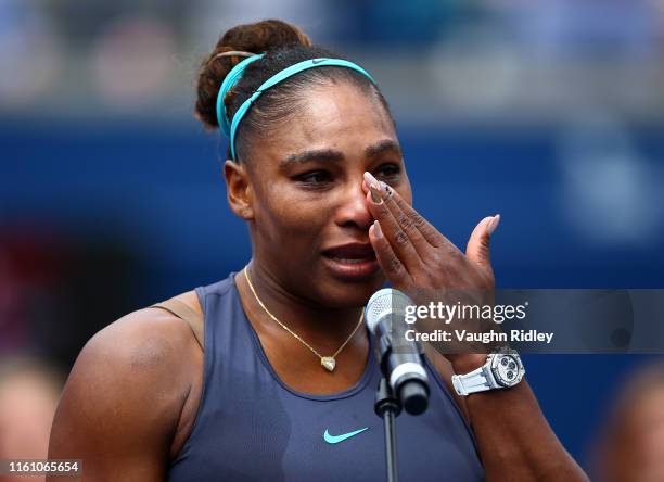 Serena Williams of the United States becomes upset after withdrawing from the final match against Bianca Andreescu of Canada due to a back injury on...