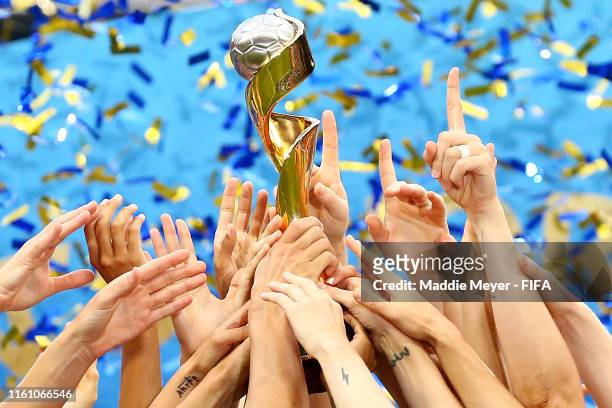 Detail of the Women's World Cup trophy being lifted by USA during the 2019 FIFA Women's World Cup France Final match between The United State of...